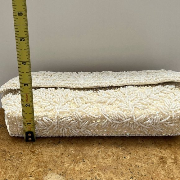 Vintage Stunning White Sequin Beaded Handmade Front Flap Clutch Purse Hong Kong - Picture 9 of 13